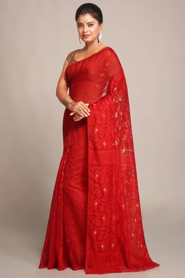 Bengal Handloom Cotton Silk Red Jamdani Saree Without Blouse 2