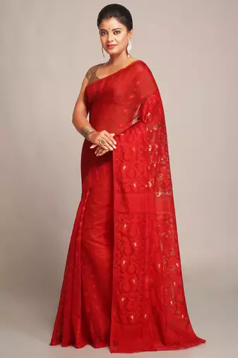 Bengal Handloom Cotton Silk Red Jamdani Saree Without Blouse