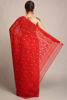Bengal Handloom Cotton Silk Red Jamdani Saree Without Blouse 3