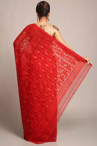 Bengal Handloom Cotton Silk Red Jamdani Saree Without Blouse