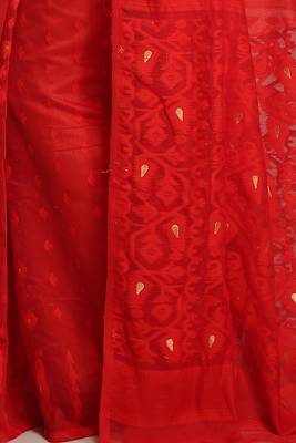 Bengal Handloom Cotton Silk Red Jamdani Saree Without Blouse 4