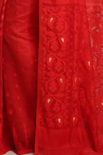 Bengal Handloom Cotton Silk Red Jamdani Saree Without Blouse