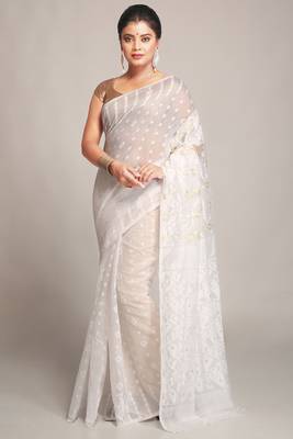 Women'S Cotton Silk Dhakai White Soft Jamdani Sarees Without Blouse 1