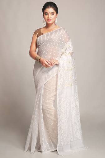 Women'S Cotton Silk Dhakai White Soft Jamdani Sarees Without Blouse