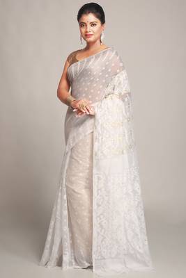 Women'S Cotton Silk Dhakai White Soft Jamdani Sarees Without Blouse 2