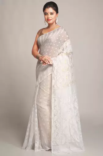 Women'S Cotton Silk Dhakai White Soft Jamdani Sarees Without Blouse