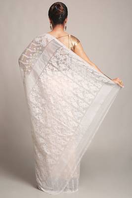 Women'S Cotton Silk Dhakai White Soft Jamdani Sarees Without Blouse 3