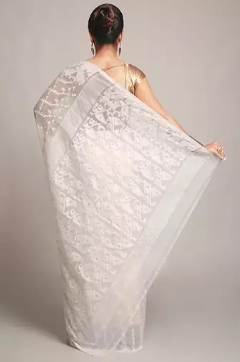 Women'S Cotton Silk Dhakai White Soft Jamdani Sarees Without Blouse