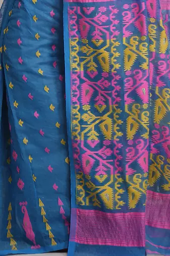 sky blue cotton silk dhakai jamdani saree with contrast pallu