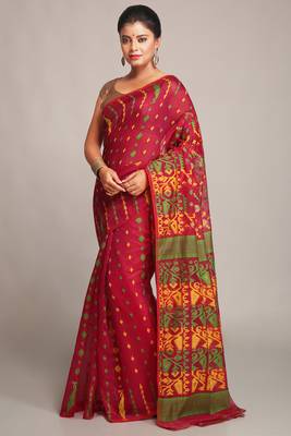 Women'S Cotton Silk Dhakai Soft Pink Green Jamdani Sarees Without Blouse 1