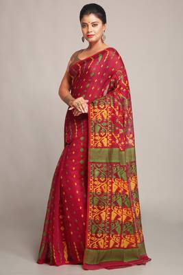 Women'S Cotton Silk Dhakai Soft Pink Green Jamdani Sarees Without Blouse 2