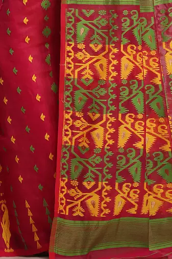 Women'S Cotton Silk Dhakai Soft Pink Green Jamdani Sarees Without Blouse