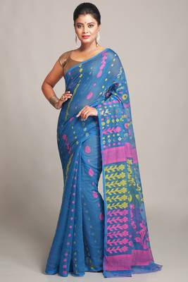 Women'S Cotton Silk Dhakai Sky Pink Softs Jamdani Sarees Without Blouse 1