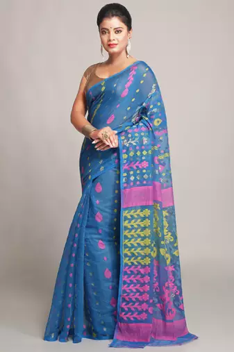 Women'S Cotton Silk Dhakai Sky Pink Softs Jamdani Sarees Without Blouse