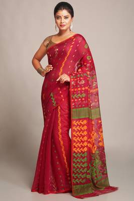 Women'S Cotton Silk Dhakai Softs Pink Green Jamdani Sarees Without Blouse 1