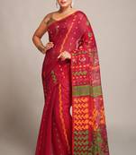 Women'S Cotton Silk Dhakai Softs Pink Green Jamdani Sarees Without Blouse