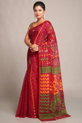 Women'S Cotton Silk Dhakai Softs Pink Green Jamdani Sarees Without Blouse 2