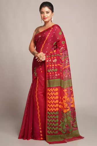 Women'S Cotton Silk Dhakai Softs Pink Green Jamdani Sarees Without Blouse