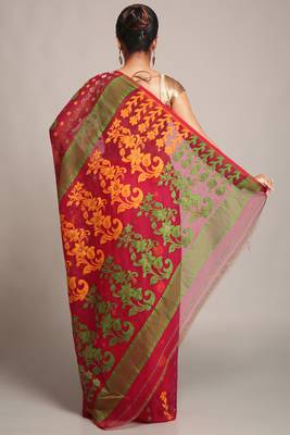Women'S Cotton Silk Dhakai Softs Pink Green Jamdani Sarees Without Blouse 3