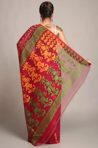Women'S Cotton Silk Dhakai Softs Pink Green Jamdani Sarees Without Blouse