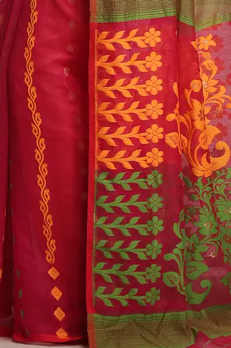 Women'S Cotton Silk Dhakai Softs Pink Green Jamdani Sarees Without Blouse