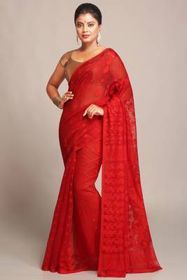 Women'S Cotton Silk Dhakai Softs Red Jamdani Sarees. Without Blouse 1