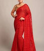 Women'S Cotton Silk Dhakai Softs Red Jamdani Sarees. Without Blouse