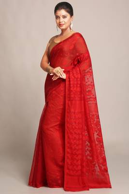 Women'S Cotton Silk Dhakai Softs Red Jamdani Sarees. Without Blouse 2