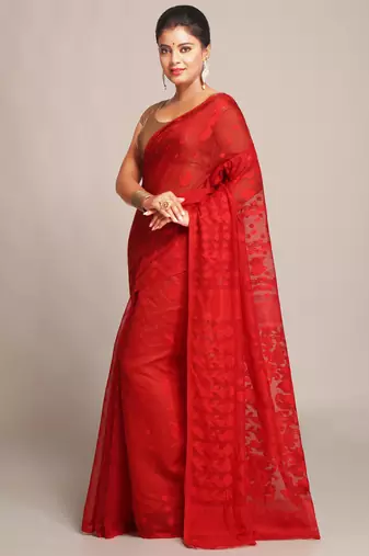 Women'S Cotton Silk Dhakai Softs Red Jamdani Sarees. Without Blouse