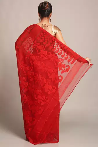 Women'S Cotton Silk Dhakai Softs Red Jamdani Sarees. Without Blouse