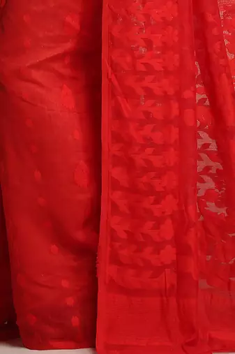 Women'S Cotton Silk Dhakai Softs Red Jamdani Sarees. Without Blouse