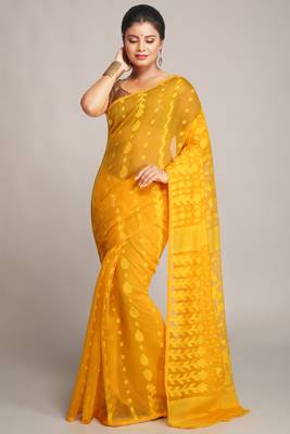 Women'S Cotton Silk Dhakai Yellow Softs Jamdani Sarees Without Blouse 1