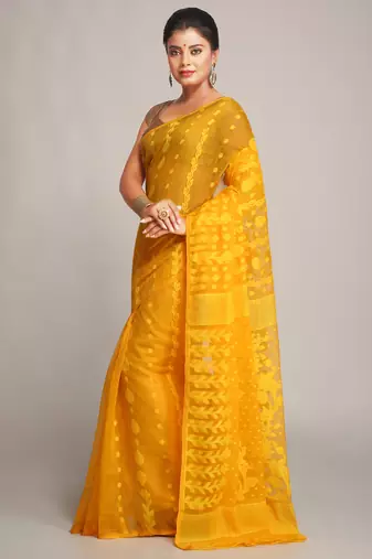 Women'S Cotton Silk Dhakai Yellow Softs Jamdani Sarees Without Blouse