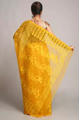 Women'S Cotton Silk Dhakai Yellow Softs Jamdani Sarees Without Blouse