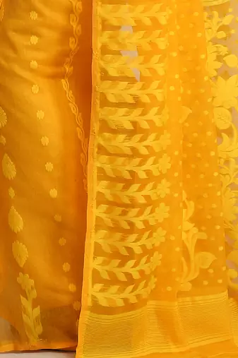Women'S Cotton Silk Dhakai Yellow Softs Jamdani Sarees Without Blouse