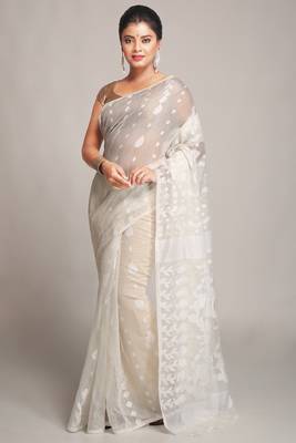 White Cotton Silk Bengal Handloom Saree 1