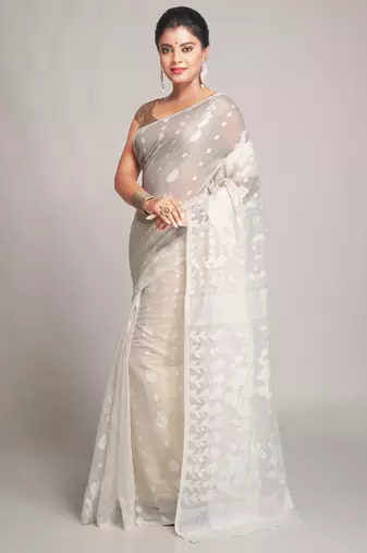 White Cotton Silk Bengal Handloom Saree