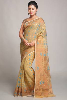 Women'S Cotton Silk Softs Dhakai Jamdani Sarees. (Desert & Copper Sky) Without Blouse 1
