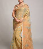Women'S Cotton Silk Softs Dhakai Jamdani Sarees. (Desert & Copper Sky) Without Blouse