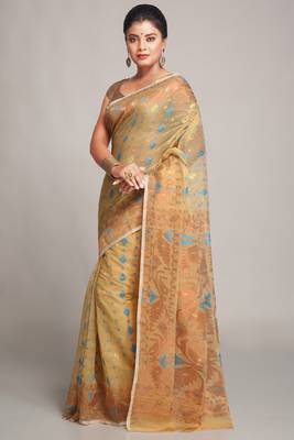 Women'S Cotton Silk Softs Dhakai Jamdani Sarees. (Desert & Copper Sky) Without Blouse 2
