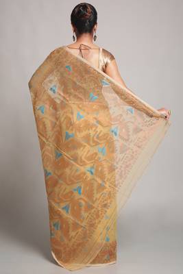 Women'S Cotton Silk Softs Dhakai Jamdani Sarees. (Desert & Copper Sky) Without Blouse 3