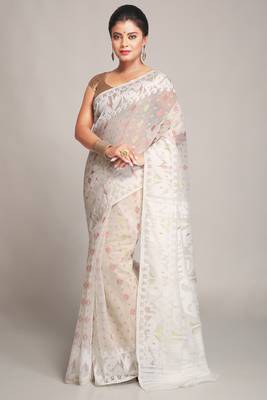 Women'S Cotton Silk Softs Dhakai Jamdani Sarees. (White & White) Without Blouse 1