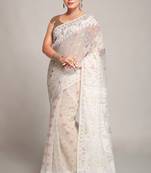 Women'S Cotton Silk Softs Dhakai Jamdani Sarees. (White & White) Without Blouse
