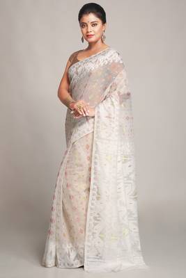 Women'S Cotton Silk Softs Dhakai Jamdani Sarees. (White & White) Without Blouse 2