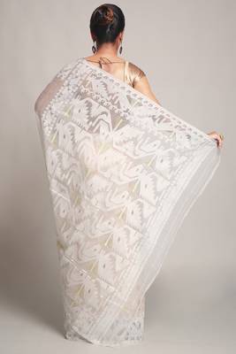 Women'S Cotton Silk Softs Dhakai Jamdani Sarees. (White & White) Without Blouse 3