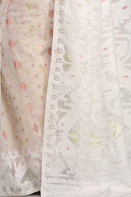 Women'S Cotton Silk Softs Dhakai Jamdani Sarees. (White & White) Without Blouse 4