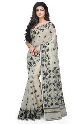 Women'S Cotton Silk Angur Dhakai Allover Soft Jamdani Sarees (White & Black) Without Blouse 1