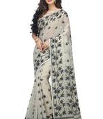 Women'S Cotton Silk Angur Dhakai Allover Soft Jamdani Sarees (White & Black) Without Blouse