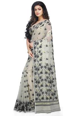 Women'S Cotton Silk Angur Dhakai Allover Soft Jamdani Sarees (White & Black) Without Blouse 2