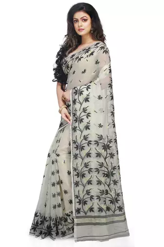 Women'S Cotton Silk Angur Dhakai Allover Soft Jamdani Sarees (White & Black) Without Blouse